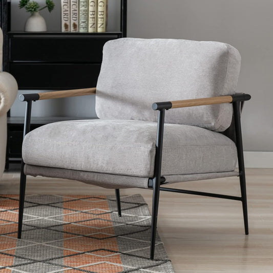 Mid-Century Accent Chair, Soft Armchair Chenille Fabric Lounge Chair with Black Metal Legs, Upholstered Leisure Chair for Living Room Bedroom Reception Room, 1PC, Grey