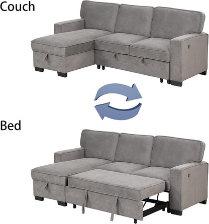 EBELLO Convertible Sleeper Sofa 3 in 1, Chenille Modern L-Shaped Couches for Living Room, Pull Out Sectional Futon Sofa Bed with Storage Space, USB Ports and Cup Holders for Bedroom, Grey