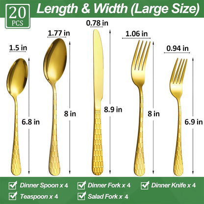 20 Pcs Gold Silverware Set for 4 with Water Cube Handle design, Food Grade Stainless Steel Flatware Set, Eating Utensils Sets Include Fork/Knife/Spoon, Reusable Cutlery Set, Dishwasher Safe