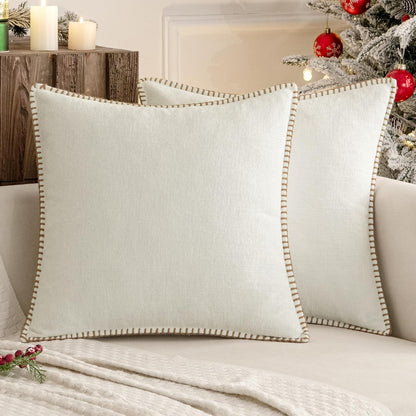 MIULEE Pack of 2 Christmas Pillow Covers 24x24 Inch Pure White Farmhouse Decorative Throw Pillow Covers with Stitched Edge Soft Chenille Solid Dyed Couch Pillow Covers for Sofa Bed Living Room