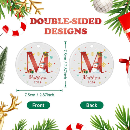 Name Ornaments for Christmas Tree, Custom Initial Monogram Snowman Ceramic Ornament for Kids Boys Girls, Monogrammed Christmas Ornaments 2025