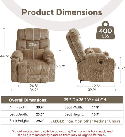 Oversized Dual Motor Lay Flat Power Lift Recliner Chair with Massage, Heating, Lumbar Pillow, USB & Type-C Ports, Textile Lift Chairs Recliners, Large Recliner for Big & Elderly People - Beige