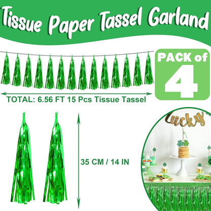 4P Green Foil Fringe Metallic Streamers Banner Tassel Garland for Parade Floats, Bachelorette, Wedding, Birthday, Halloween, Christmas, Bridal/Baby Shower Party Decorations