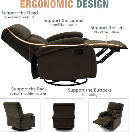 Swivel Rocker Recliner for Adults, Small Recliner Chair for Small Spaces, Rocking Recliner Chair for Nursery. Living Room, RV, Bedroom, Dark Brown
