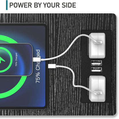 Farmhouse End Table Set of 2, 24" Large Sofa Side Table with Charging Station, Mesh Barn Door, White Nightstand with Adjustable Storage Shelf, Square Nightstand for Living Room, Bedroom