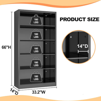 66" Tall Metal Bookcase, 5 Shelf Black Bookcase with Adjustable Shelves, Large Bookshelves and Bookcases, Modern Book Shelf Storage Organizer for Living Room, Home Office, Library (Black)