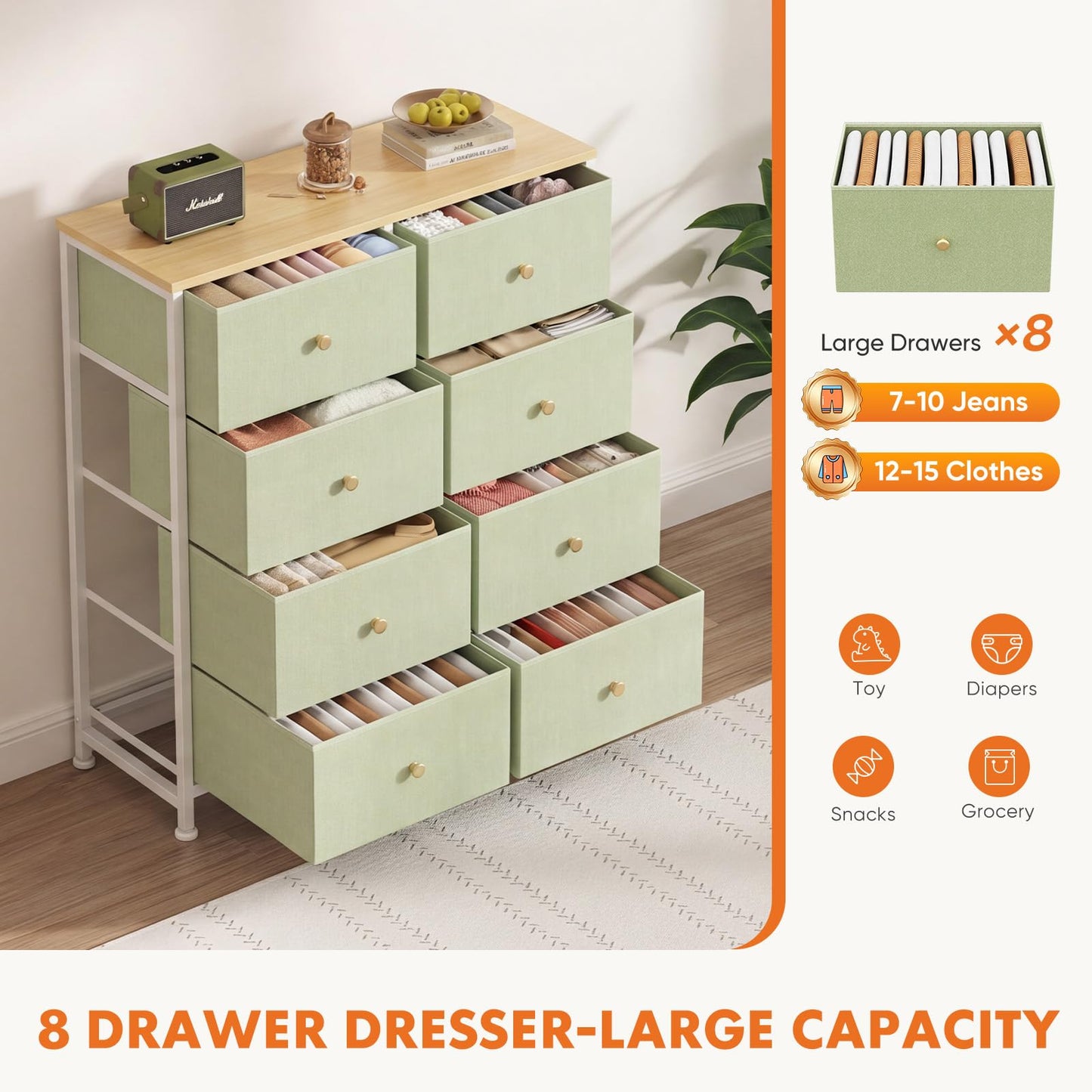 Sweetcrispy 8 Drawer Fabric Dresser, Tall Storage Tower for Bedroom
