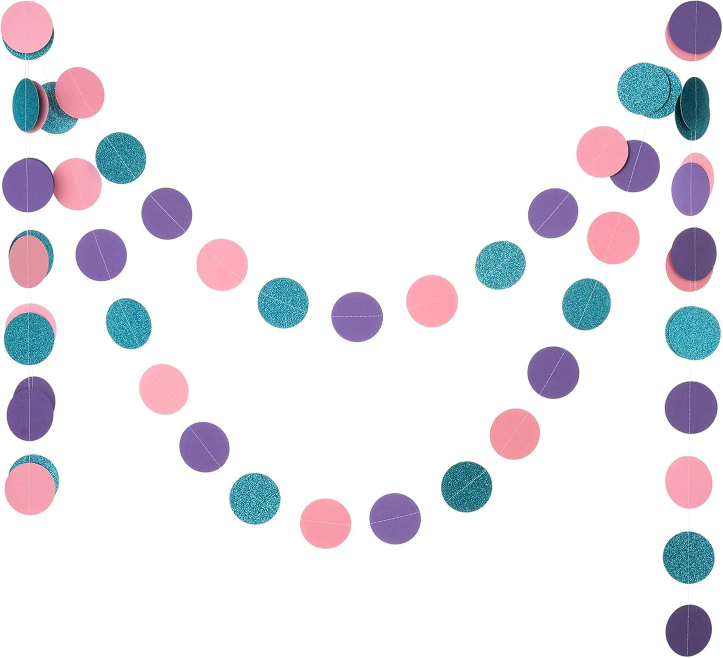 WEVEN Circle String Decorations Paper Garland Banner Streamer Party Decor 2.5" 20 ft (Pink, Purple, Teal Glitter)