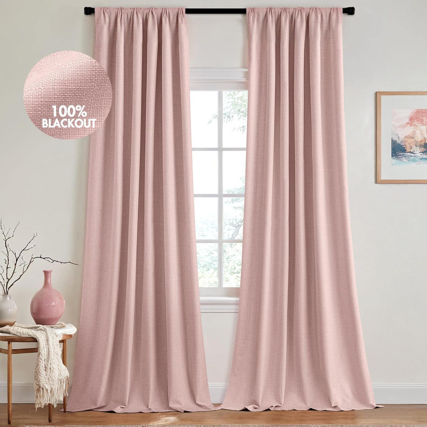 MIULEE 100% Blackout Curtains 96 Inch Long 2 Panels for Bedroom, Thick Faux Linen Black Out Curtain Room Darkening Back Tab Pleat Floor to Ceiling Window Drapes with Hooks for Living Room, Baby Pink