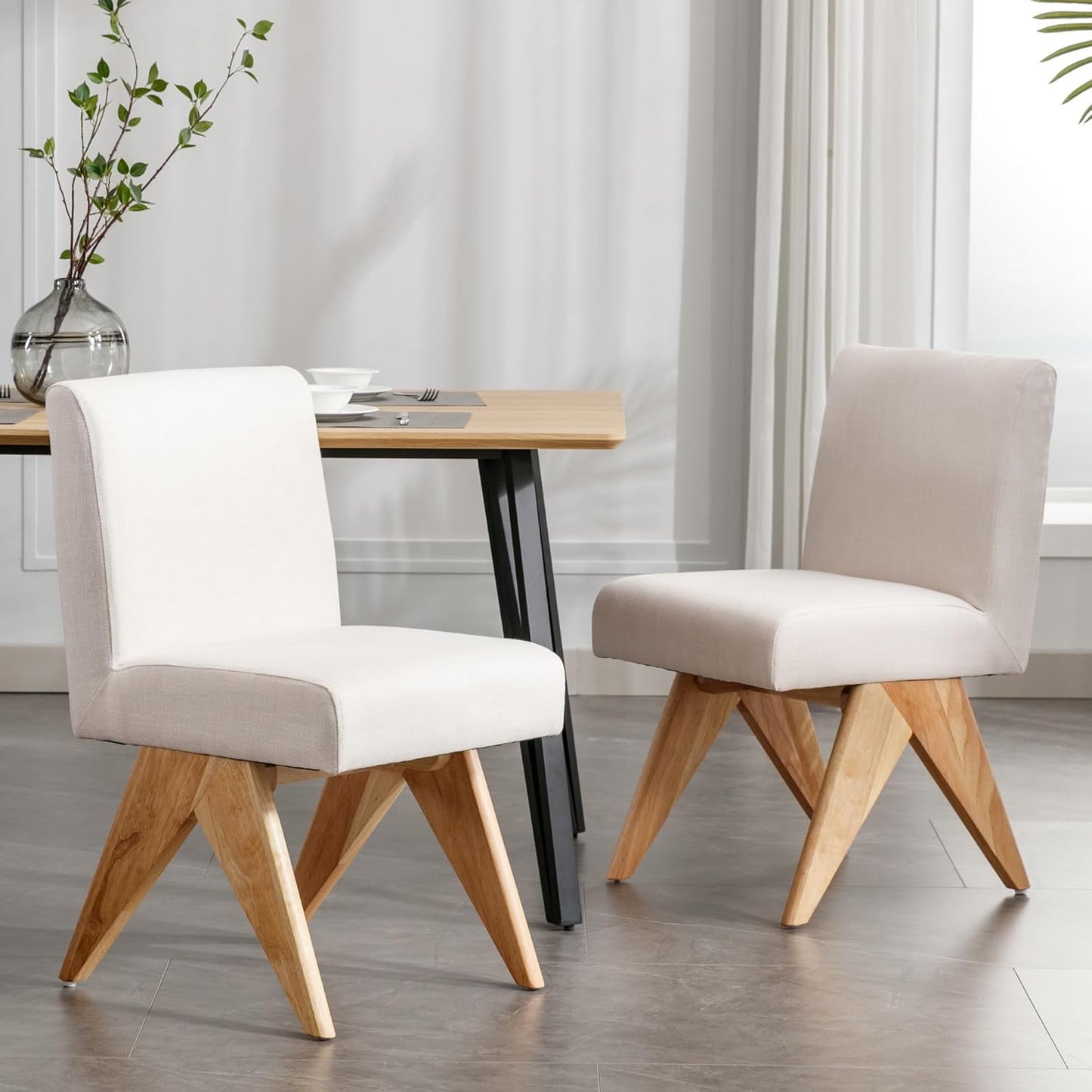 Mid Century Modern Farmhouse Dining Chairs Set of 2, Upholstered Armless Kitchen Chairs with Back and Wooden Legs, Linen Beige