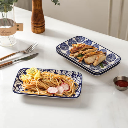 Selamica Ceramic Rectangular Salad Plates Set, Dinner Plate 9.4 Inch Dessert Plates for Party Entertaining, Small Serving Plates for Appetizers, Sushi, Fruit, Set of 4, Vintage Blue