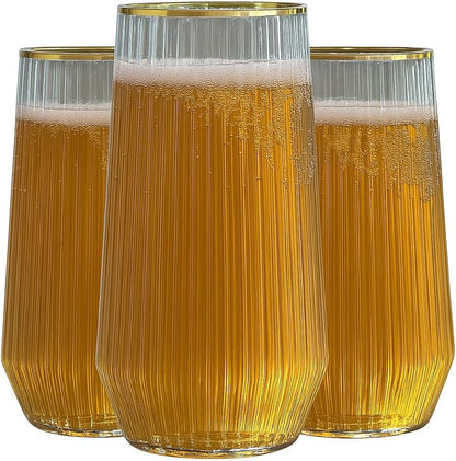 48 Pack Ribbed Ripple Stemless Toasting Glasses, Origami Durable 9 Oz BPA-Free Disposable Plastic Champagne Flutes for Weddings, Bars, Events, and Celebrations (Gold Rim)