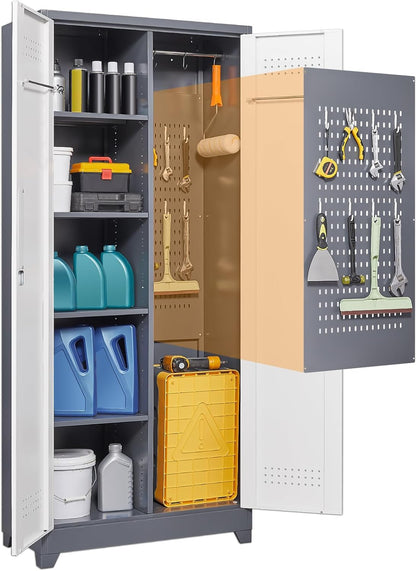 Garage Storage Cabinet,Broom Closet with Lock,Locking Cabinets with Hanging Rod & S-Hooks for School,Garage,Grey-White