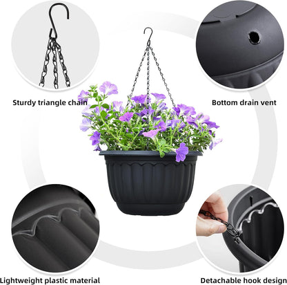 YIKUSH Planters for Outdoor Plants 2 Pack Black Plant Pots with Drainage Hole and Absorbing Tray Hanging Planters for Indoor Plants (12 inch, 3 Hooks)