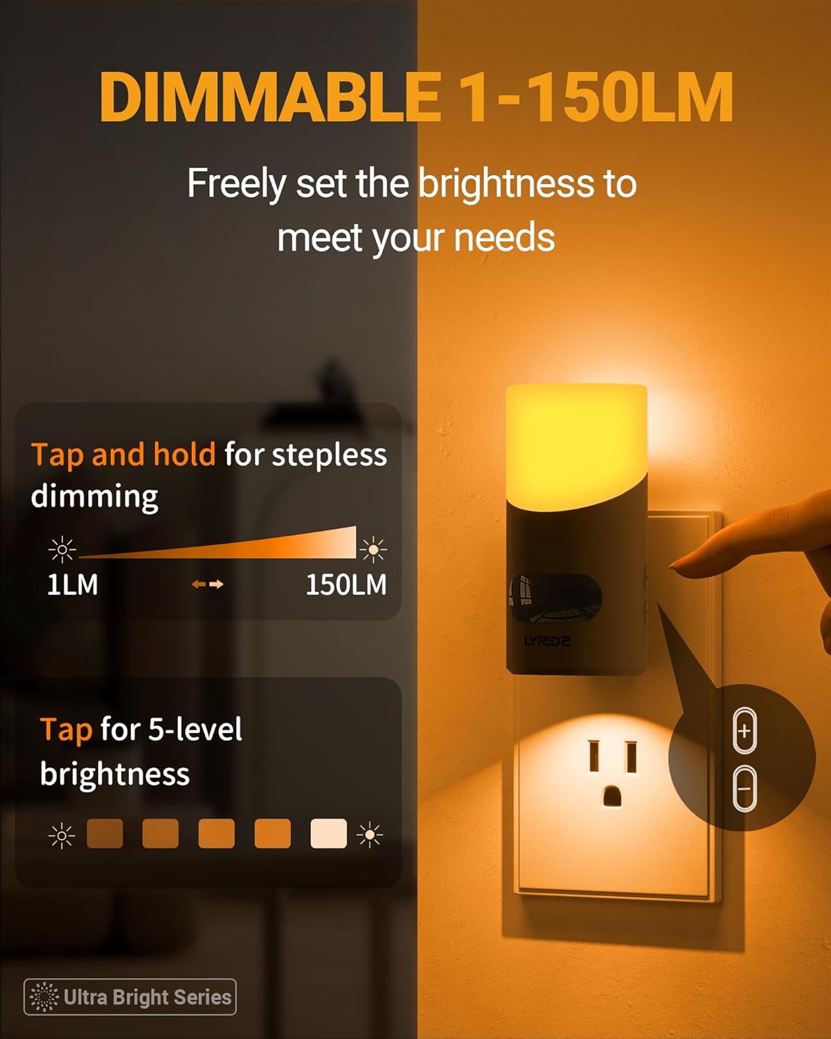Lyridz Amber Night Light with Motion Sensor, 1-150LM Dimmable Plug-in Nightlight Indoor for Bedroom, Bathroom, Hallway, Stairs, Pet House, Toilet, 2 Pack
