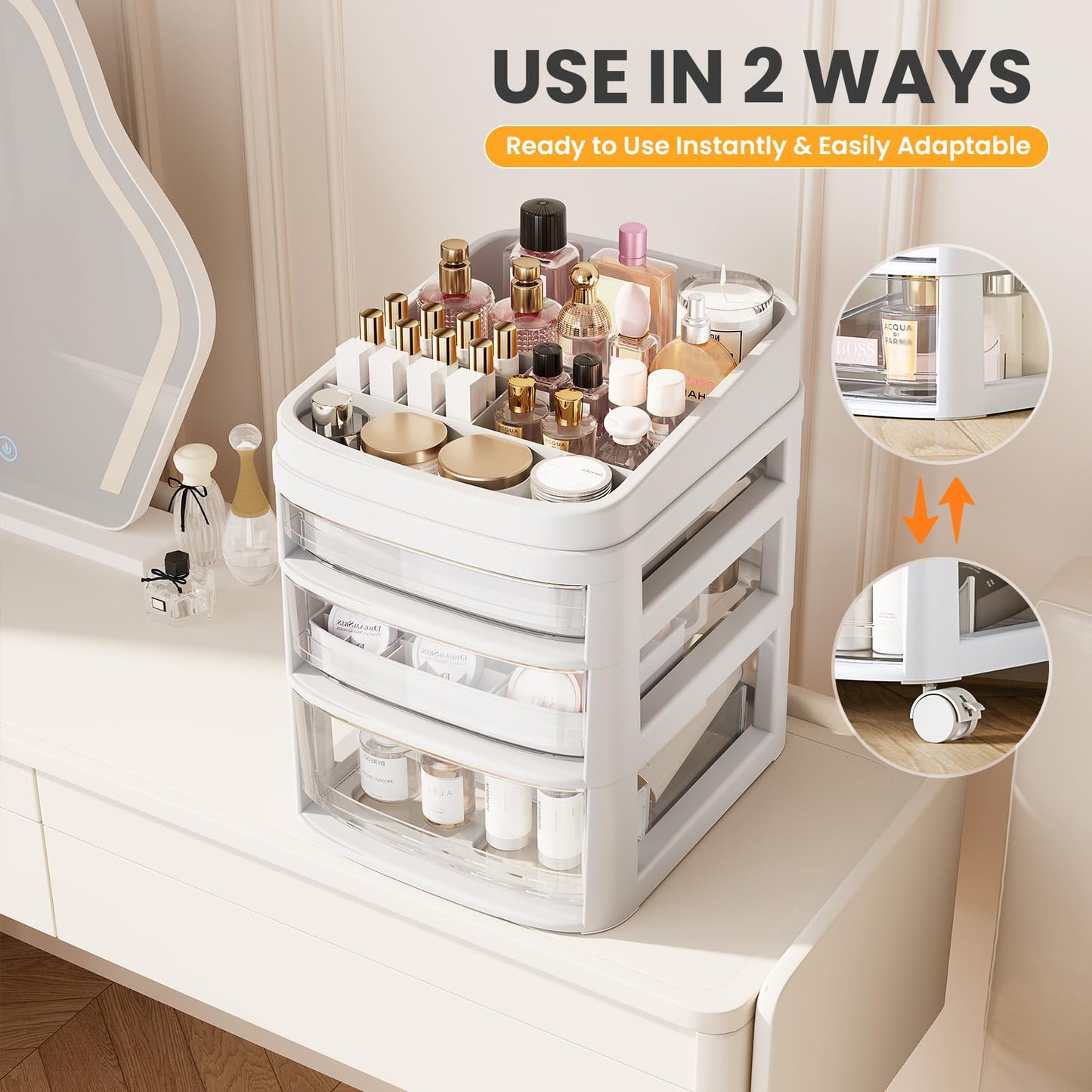 Rolling Cart with 3 Drawers, Clear Plastic Drawer Organizers, Vanity Cart