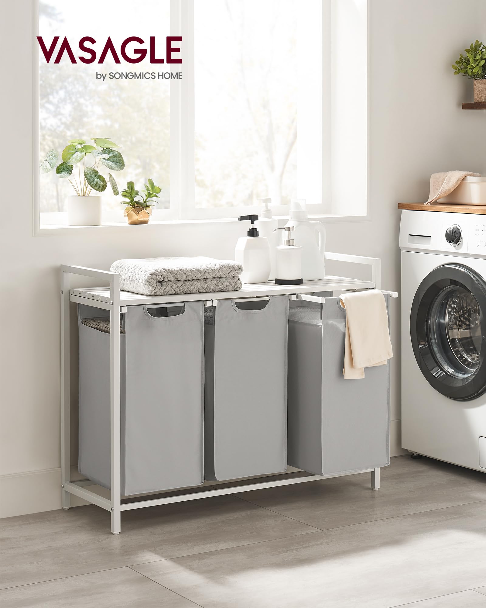 VASAGLE Laundry Hamper, Laundry Basket, Laundry Sorter with 3 Pull-Out and Removable Bags, Shelf