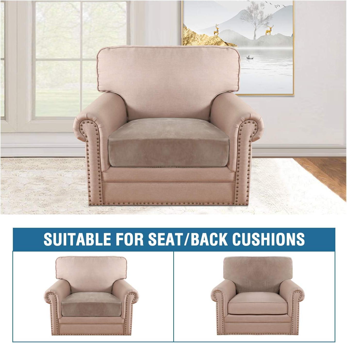 H.VERSAILTEX Velvet Stretch Couch Cushion Cover Plush Cushion Slipcover for Chair Cushion Furniture Protector Seat Cushion Sofa Cover (1 Piece Armchair Cushion Covers, Taupe)