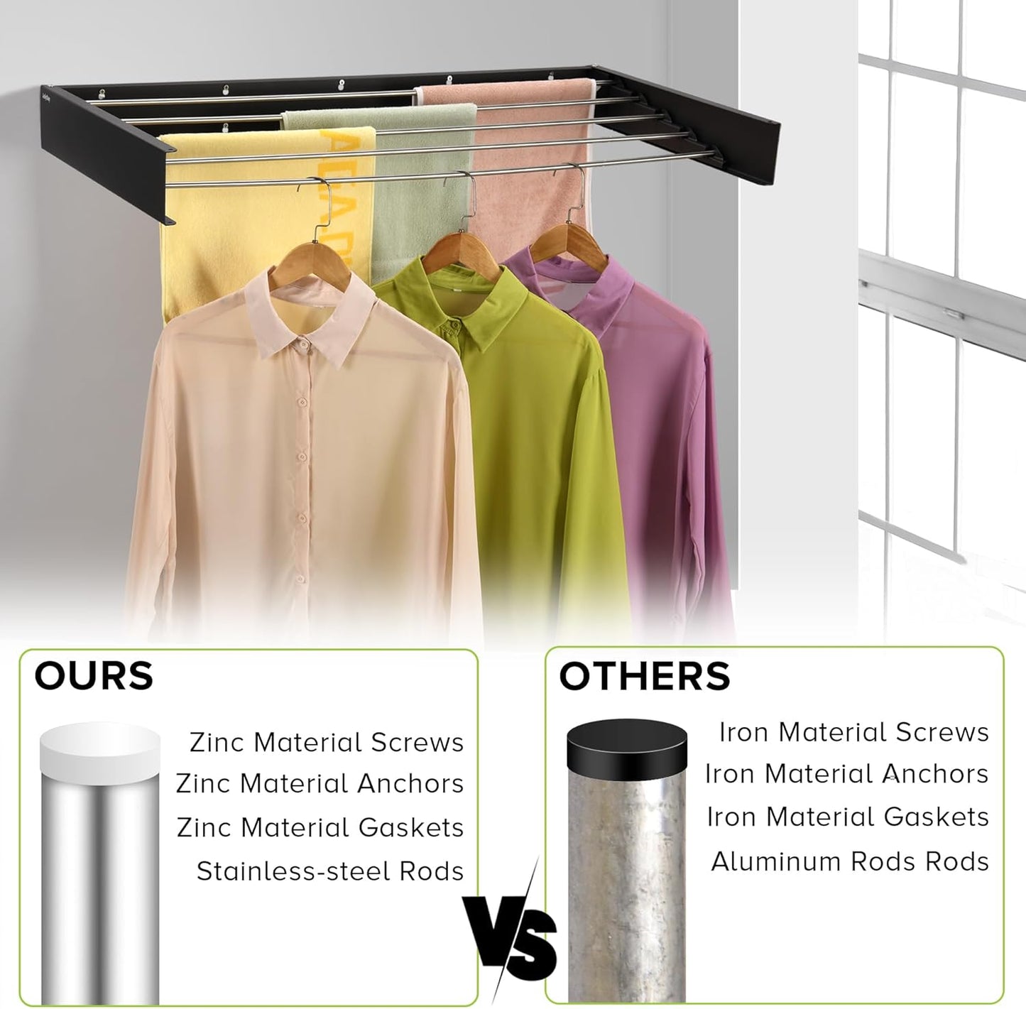 Wall Mounted Laundry Drying Rack, Retractable Clothes Drying Rack for Bathroom with Wall Template, 5 Stainless Rods Heaving 60 lb Capacity (Black, 40")