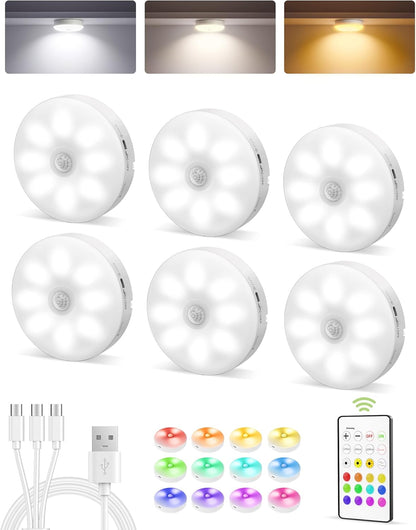 EZVALO 6-Pack Under Cabinet Lighting, Rechargeable Motion Sensor Puck Lights with Remote, 3 Color Temps &12 RGB Colors, Magnetic Stick on Light, Dimmable Under Counter Lights for Kitchen, Shelf, Stair