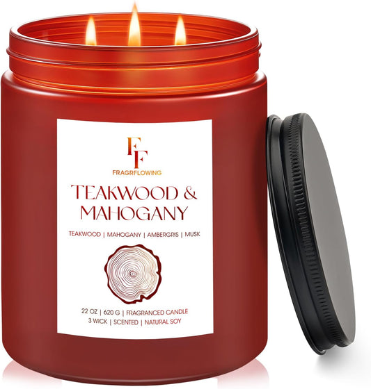 Teakwood & Mahogany Large Scented Candle, 3-Wick 22oz Long Lasting Scented Candle, Natural Soy Wax Aromatherapy Candle for Home, Autumn Candle Gifts for Women Men