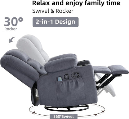 Rocker Recliner Chair with Heat and Massage, 360° Swivel Recliner Chairs for Adults, Heavy Duty Reclining Sofa Chair with USB Port Cup Holders Side Pockets for Living Room (Grey)