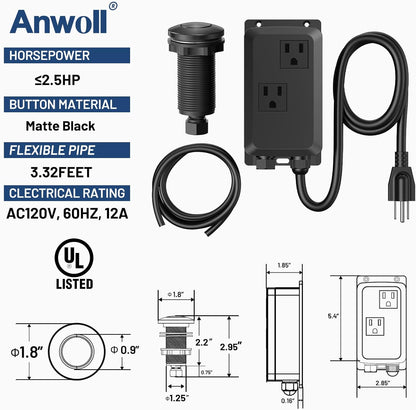 Garbage Disposal Air Switch Kit -Professional- Dual Outlet, Sink Top Waste Disposer On/Off, Garbage Disposal Button, Brass Made Cover, UL Listed