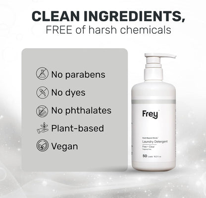 FREY Concentrated Liquid Laundry Detergent | Formulated for Sensitive Skin & HE Washers | Removes Stains Effectively | 50 Loads per Bottle (1-pack Unscented)