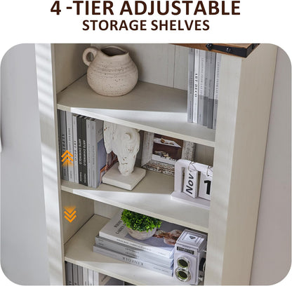 OKD 72'' Tall Bookshelf with Storage, Farmhouse 4 Tier Bookcase with Barn Door, Adjustable Shelves and Drawers, Rustic Wooden Office Bookshelves for Home Bedroom, Living Room, Library Antuique White