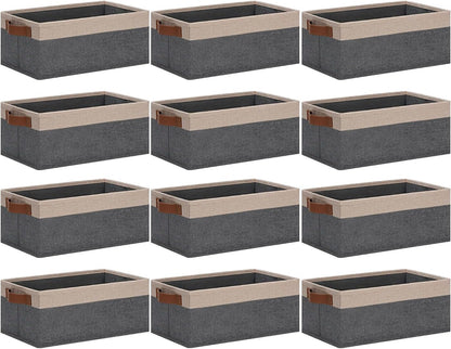 GhvyenntteS Small Fabric Storage Bins 12 Pack, 11.8" x 7.87" x 5.11" Storage Basket with Leather Handles, Closet Storage Bins for Shelves, Storage Baskets for Shelves, DVD Storage (Grey&Beige Yellow)