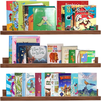 AZSKY Floating Photo Shelves Fair Light Walnut 24 Inch Picture Ledge for Storage Wall Book Shelves Hanging Picture Photo Frame Ledge Shelves with Lip a Set of 3 Same Sizes Kitchen Spice Rack