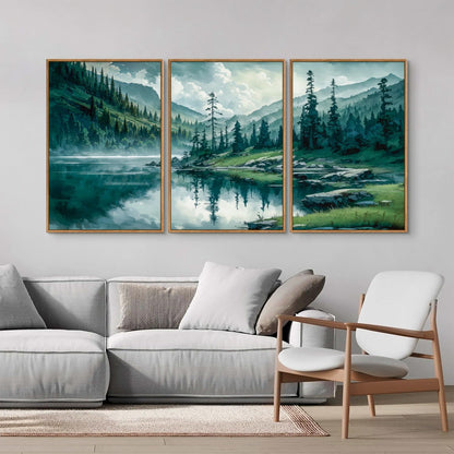 Tinonedraw Large Nature Forest Framed Canvas Wall Art Set, Boho Mountains Calming Lake Wall Decor, Green Pine Trees Artwork, Northern Wilderness Art Painting for Living Room Bedroom Office 16"x24"x3