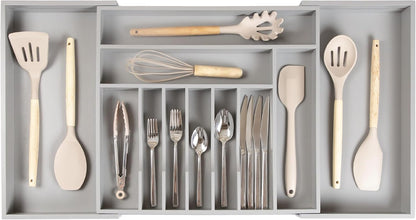 Premium Silverware, Flatware and Utensil Organizer for Kitchen Drawers, Food-Safe Contract Grade, Expandable from 18 to 33 In, Gray Bamboo