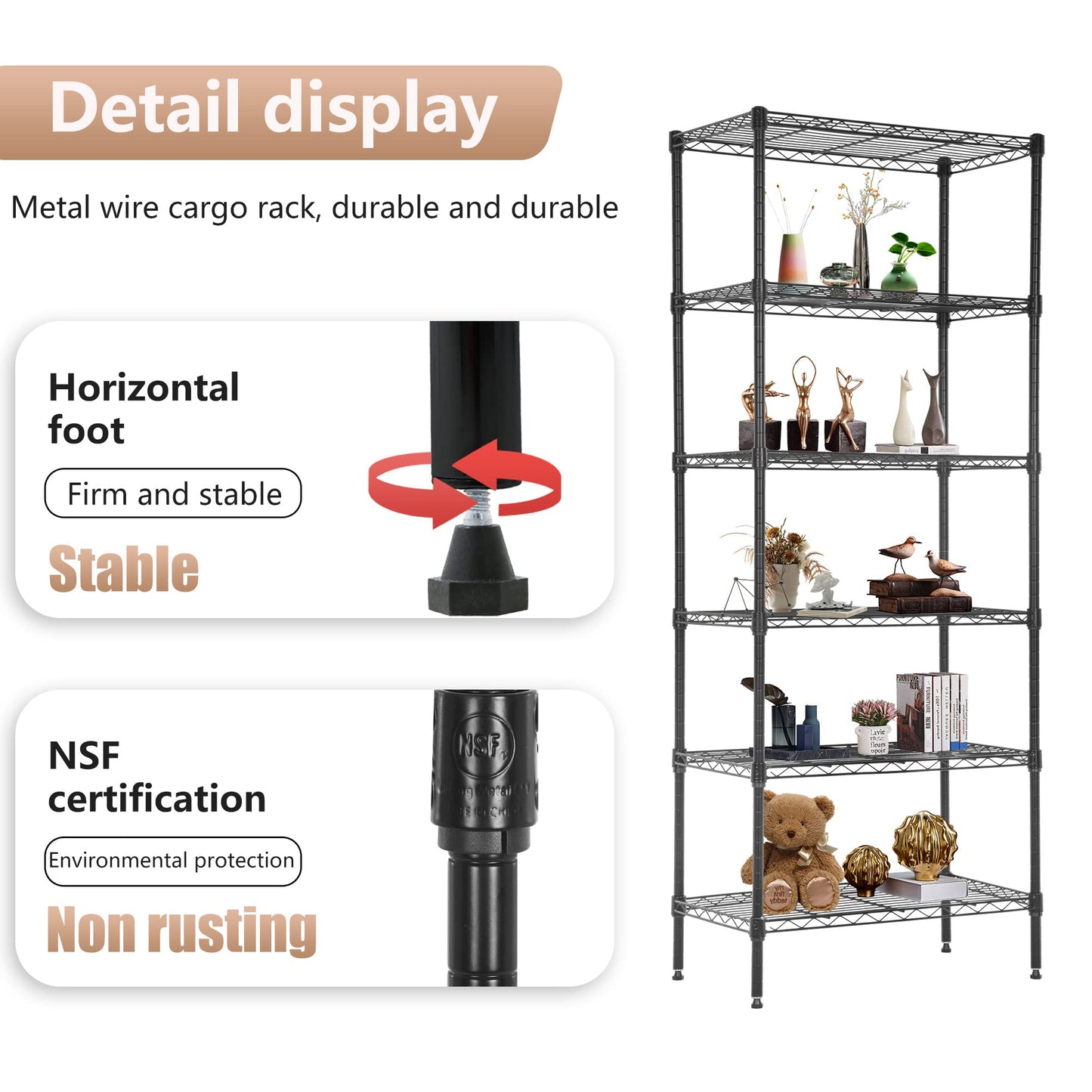 FDW 6 Tier Wire Shelving Units Adjustable Metal Storage Rack 23L x 13W x 59H NSF Pantry Shelves