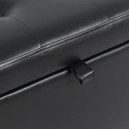 Adeco Faux Leather Storage Ottoman with Hinged Lid, 14 Inch High Black Square Cube Foot Stool with Storage, Upholstered Vanity Stool with Solid Wood Legs for Living Room, Bedroom, Dorm