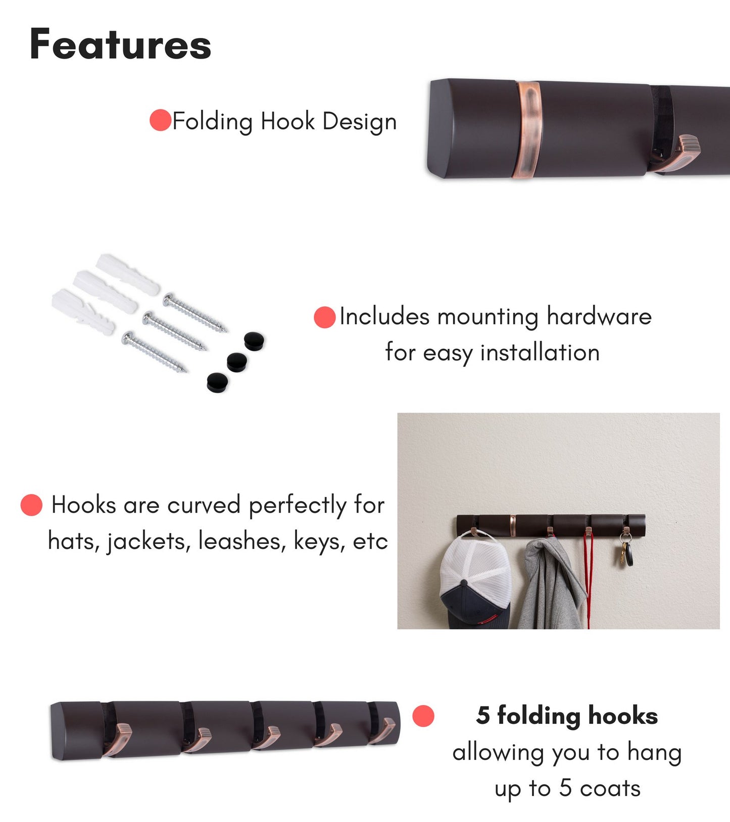 BIRDROCK HOME Folding Hook Coat and Hat Rack - 5 Hooks - 18 Inches - Wall Mount - Decorative Home
