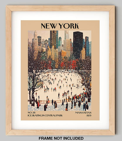 Retro Vintage New York Wall Art Print - 11x14 Unframed Poster - New York City Souvenirs, Cute Trendy Colorful Wall Decor (Ice Skating in Central Park, 11x14")