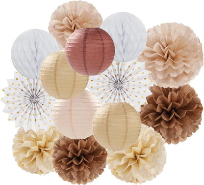 Boho Baby-Shower Party-Decorations Streamers-Lanterns - 14pcs White Brown Champagne Neutral Birthday Wedding Bridal Paper Fan,Tissue Pom Poms,Honeycomb Balls,Engagement Fall Christmas Decor Ouruola