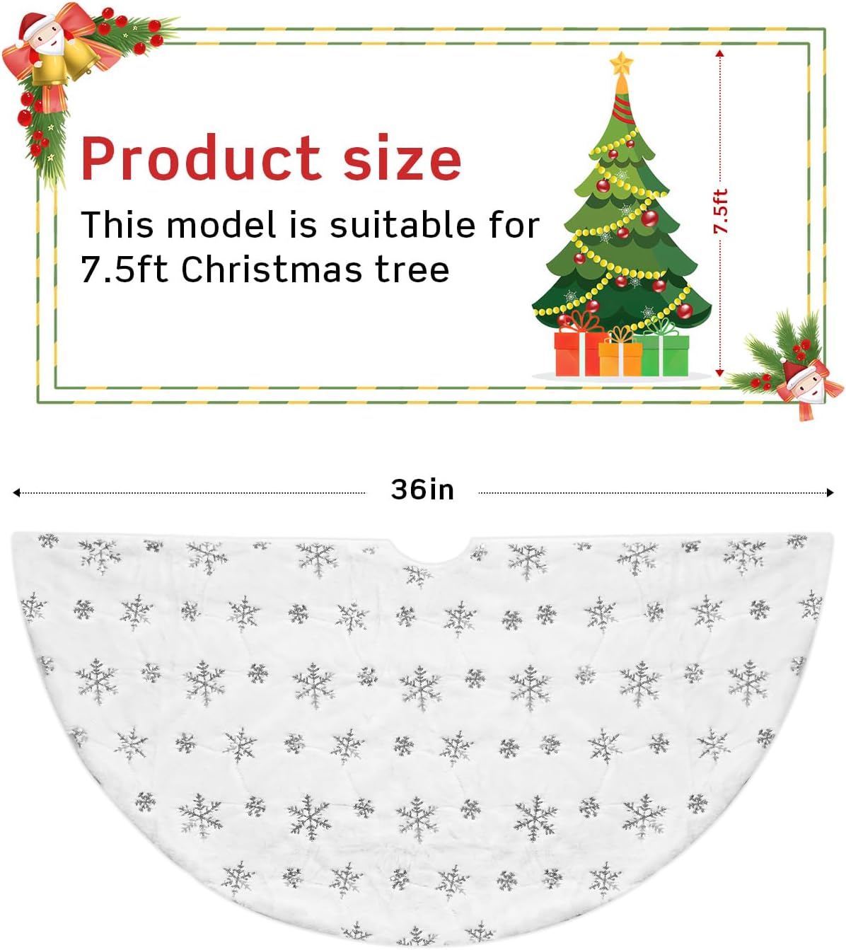 COOLWUFAN 36 Inches Christmas Tree Skirt for Xmas Tree Holiday Party Decorations White Plush Silver Sequin Snowflake (Silver)