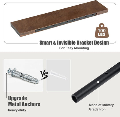 Floating Shelves for Wall, USA-Sourced Walnut Wood 24 Inch Wall Shelves Set of 2, Natural Wooden Wall Mounted Picture Ledge Shelf, Nursery Book Storage Shelf Kids Bookshelf, Display Shelf for Bathroom