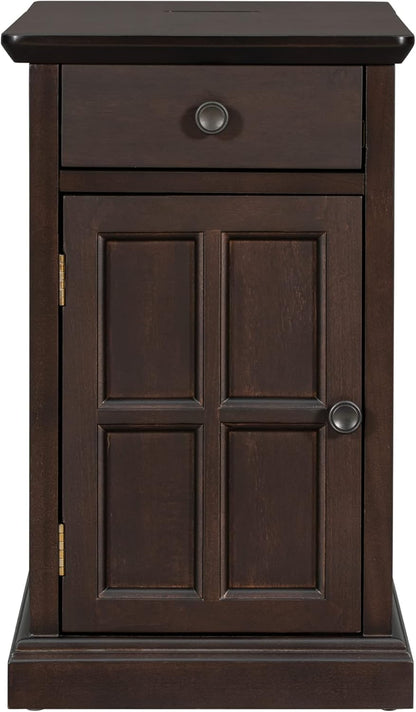 Traditional Wood End Table with Charging Station, Modern Vintage Sofa Chair Side Table Nightstand with Storage & Drawer for Living Room Bedroom, No Assembly, Antique Espresso