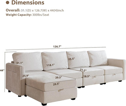 mestyl Modular Sectional Sofa Convertible L Shaped Sofa Couch Set with Storage for Living Room, Modern 4 Seater Modular Sectional Couch with Movable Ottoman (Beige)