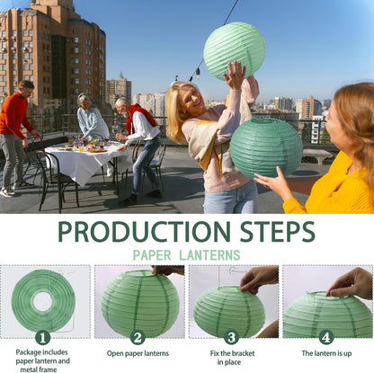 Paper Lanterns Decorative, Round Paper Lanterns Decorations Sage Green/Forest Green/Gold/White for Rustic Party Birthday Party Bachelorette Engagement Wedding Baby Shower 15pcs
