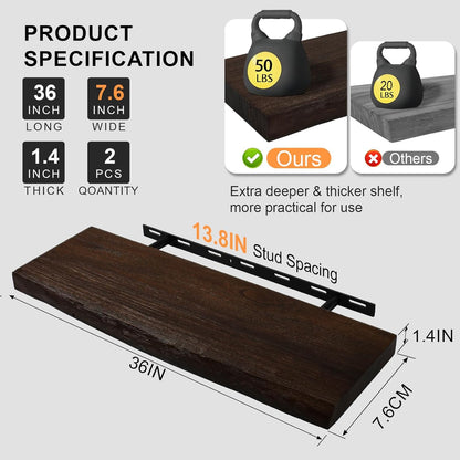 Wood Floating Shelves Set of 2, Aged Elm Wood Picture Wall Shelf, Floating Shelves for Wall for Bedroom Kitchen Bathroom Living Room (Walnut, 36 inch)