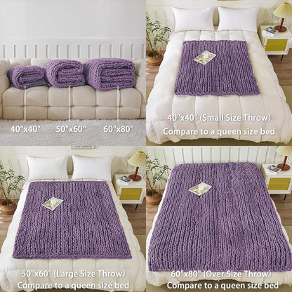 WESHIONGOO Chunky Knit Blanket Throw 40"×40" Knitted Throw Blankets for Couch Bed Fluffy Soft Blanket with Jumbo Chenille Yarn Thick 100% Handmade(Purple)