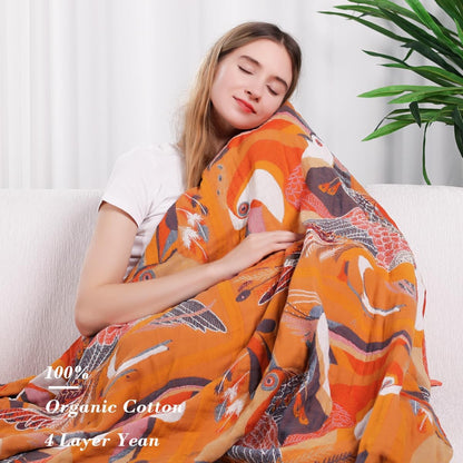 Boho Large Throw Blanket, 100% Organic Muslin Cotton Breathable Soft Bed Throw - Floral Bird Farmhouse Decor Blanket for Sofa Couch Chair Quilt and Gift. 80" x 90"- Colorful