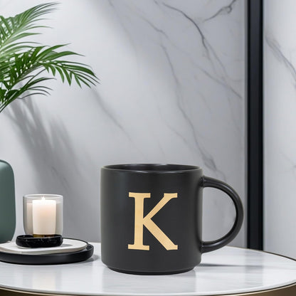 COLLECTIVE HOME - Monogram Ceramic Mugs, 15 oz Golden Initial Black Coffee Cups, Elegant Alphabet Tea Mugs, Elegant Personalized Mug with Gift Box, Unique Mug with Double Side Capital Lette (K)