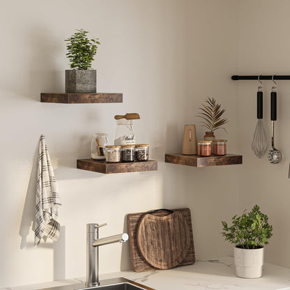 Square Floating Shelves for Wall, 12"W x 12"D x 1.2"H, Small Wooden Wall Mounted Display Shelf with Invisible Brackets for Living Room, Bedroom, Bathroom, Kitchen Decor, Set of 3, Rustic Brown