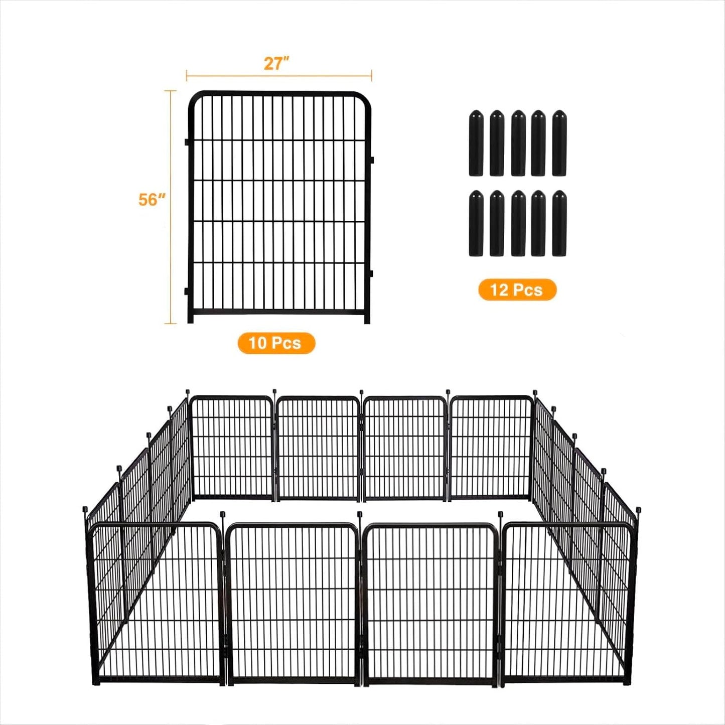 Doorless 56in(H) Black Metal Garden Fences and Borders, 10 Panels Total 22.1 Ft(L), Garden Fence for Dogs, Animal Barrier Fence, Fencing for Flower Beds, Dog Digging Fence Barrier