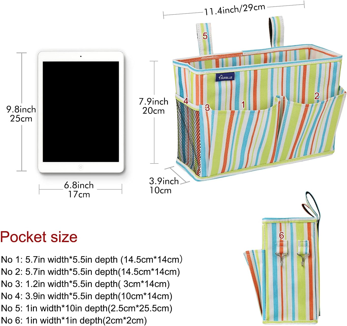 Surblue Bedside Caddy Hanging Bed Organizer Storage Bag Pocket for Bunk and Hospital Beds, College Dorm Rooms Baby Bed Rails,Wheelchair Side Bag,Camp Chiars,4 Pockets and 2 Hooks (Small GreenStripe)